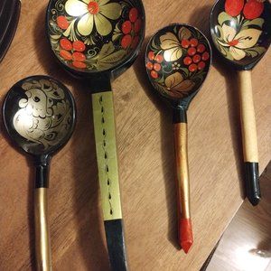 4 Black Golden Russian Lacquer Spoons